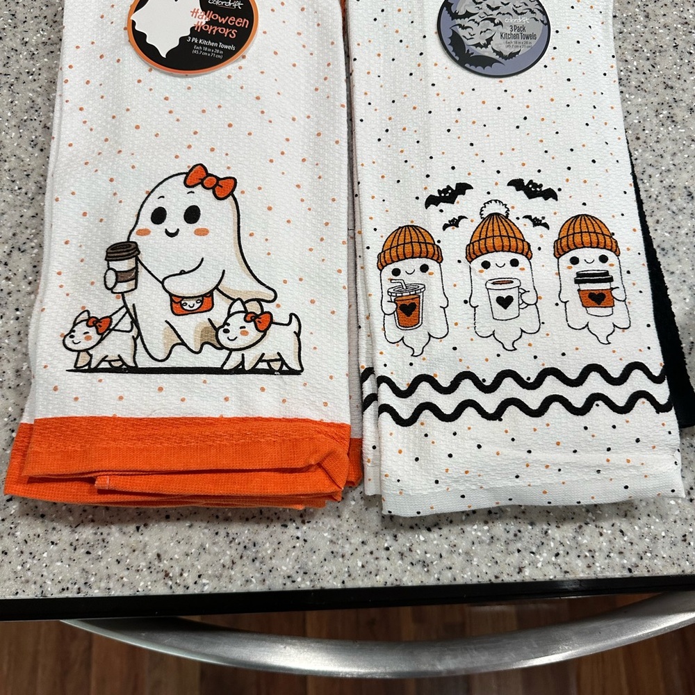 Set of 2 Halloween Ghost Walking Dogs & Ghosts With Coffee Kitchen Dish Towels